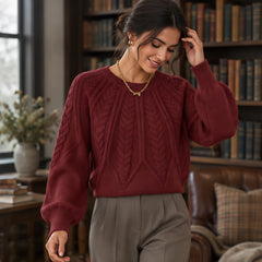 Odelia Women's Cable-Knit Crewneck Sweater - Red - AW - Womens - Sweaters - Hendlys - Image 2
