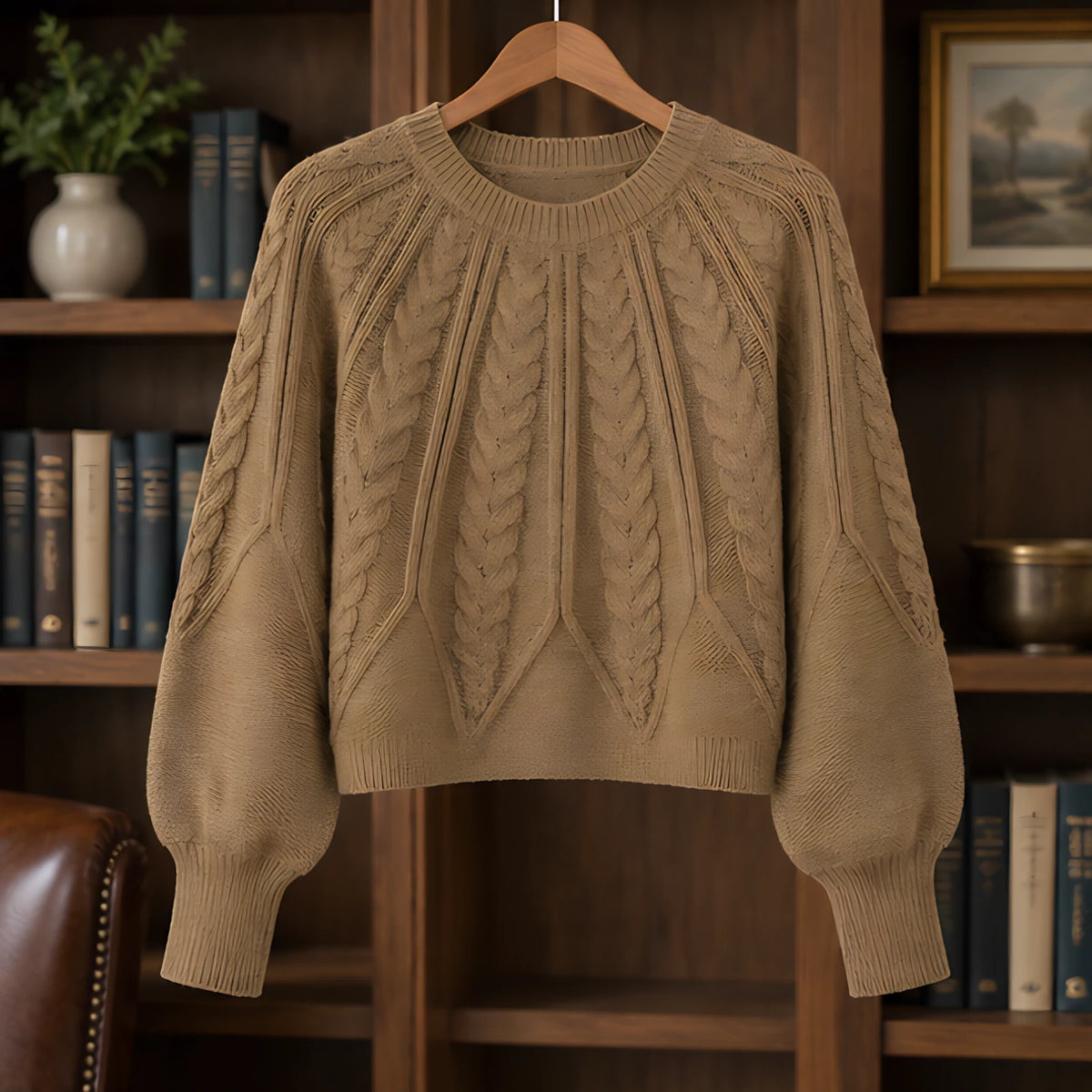 Odelia Women's Cable-Knit Crewneck Sweater - Brown - female - Hendlys - Image 3