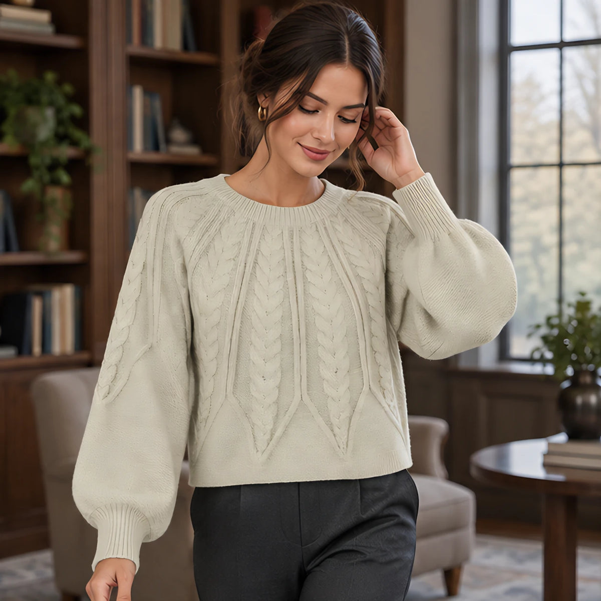 Odelia Women's Cable-Knit Crewneck Sweater - Beige - AW - Womens - Sweaters - Hendlys - Image 2