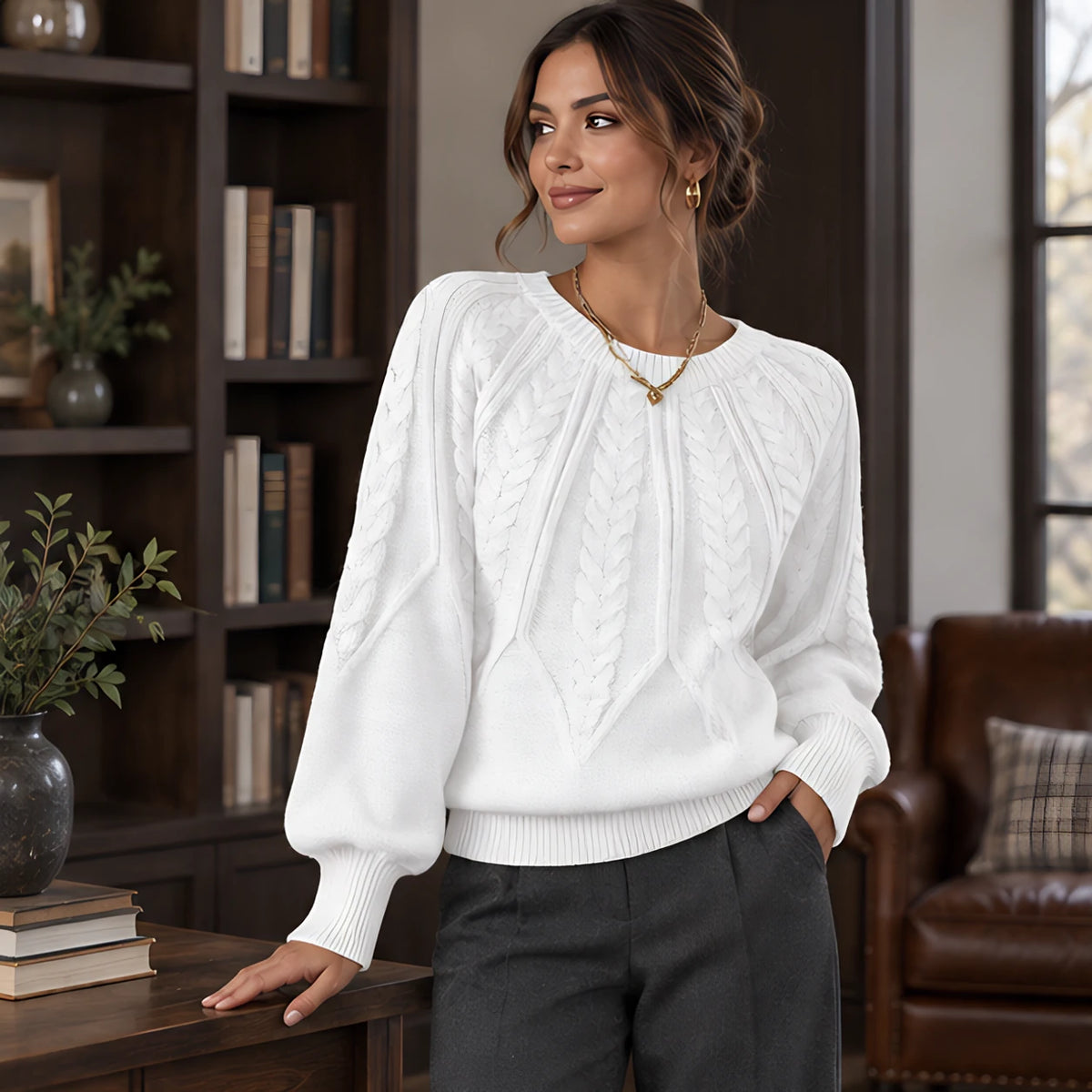 Odelia Women's Cable-Knit Crewneck Sweater - White - Women's Clothing > Sweaters & Cardigans > Cable-Knit Sweaters - Hendlys - Image 1