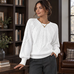 Odelia Women's Cable-Knit Crewneck Sweater - White - Women's Clothing > Sweaters & Cardigans > Cable-Knit Sweaters - Hendlys - Image 1