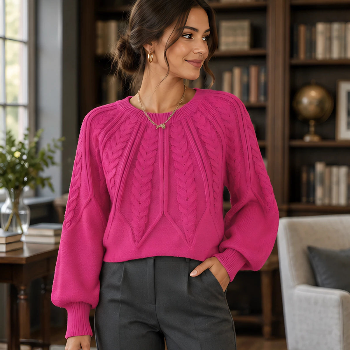 Odelia Women's Cable-Knit Crewneck Sweater - Pink - Women's Clothing > Sweaters & Cardigans > Cable-Knit Sweaters - Hendlys - Image 1
