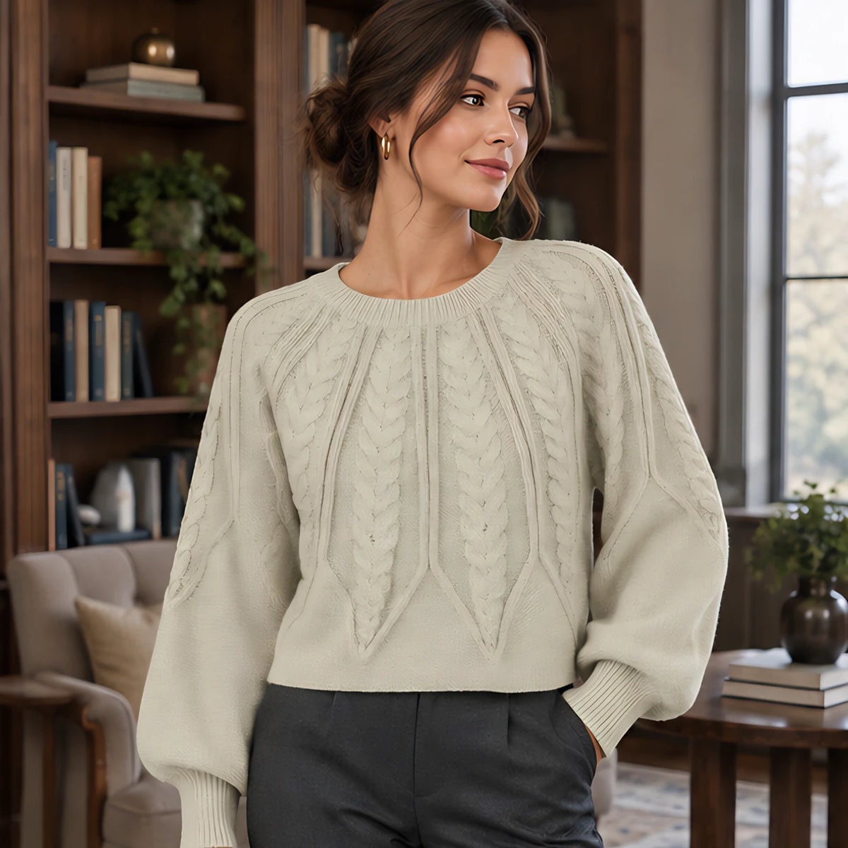 Odelia Women's Cable-Knit Crewneck Sweater - Beige - Women's Clothing > Sweaters & Cardigans > Cable-Knit Sweaters - Hendlys - Image 1
