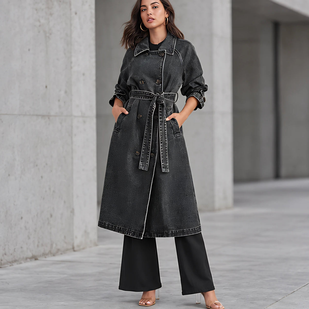 Odette Women's Double-Breasted Denim Trench Coat - Black - Women's Clothing > Outerwear > Trench Coats - Hendlys - Image 1