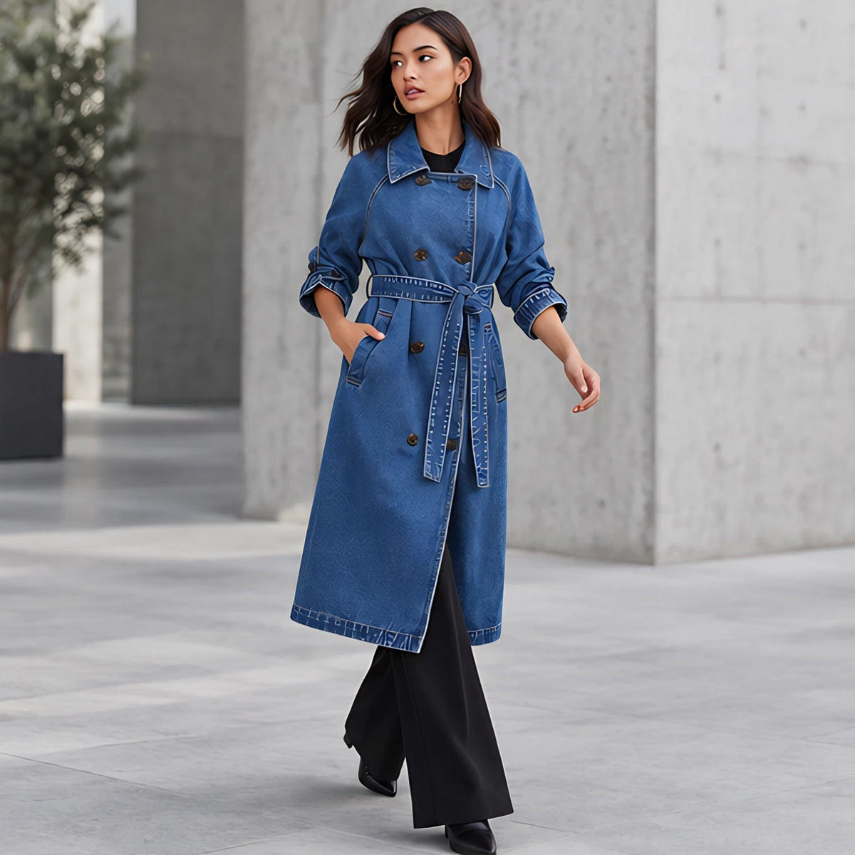 Odette Women's Double-Breasted Denim Trench Coat - Blue - 23 sept - Hendlys - Image 2