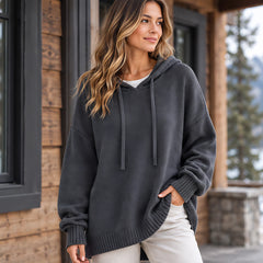 Ondine Women's Drawstring Hooded Knit Sweater - Gray - Clothing > Sweater > Casual > Oversized > Hooded - Hendlys - Image 1