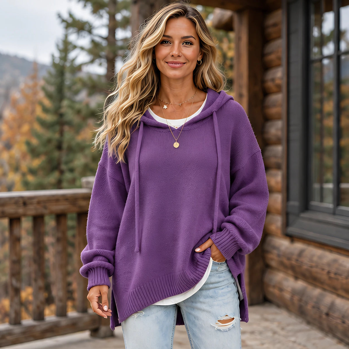 Ondine Women's Drawstring Hooded Knit Sweater - Purple - Clothing > Sweater > Casual > Oversized > Hooded - Hendlys - Image 1