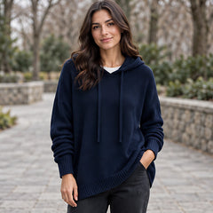 Ondine Women's Drawstring Hooded Knit Sweater - Navy Blue - Clothing > Sweater > Casual > Oversized > Hooded - Hendlys - Image 1