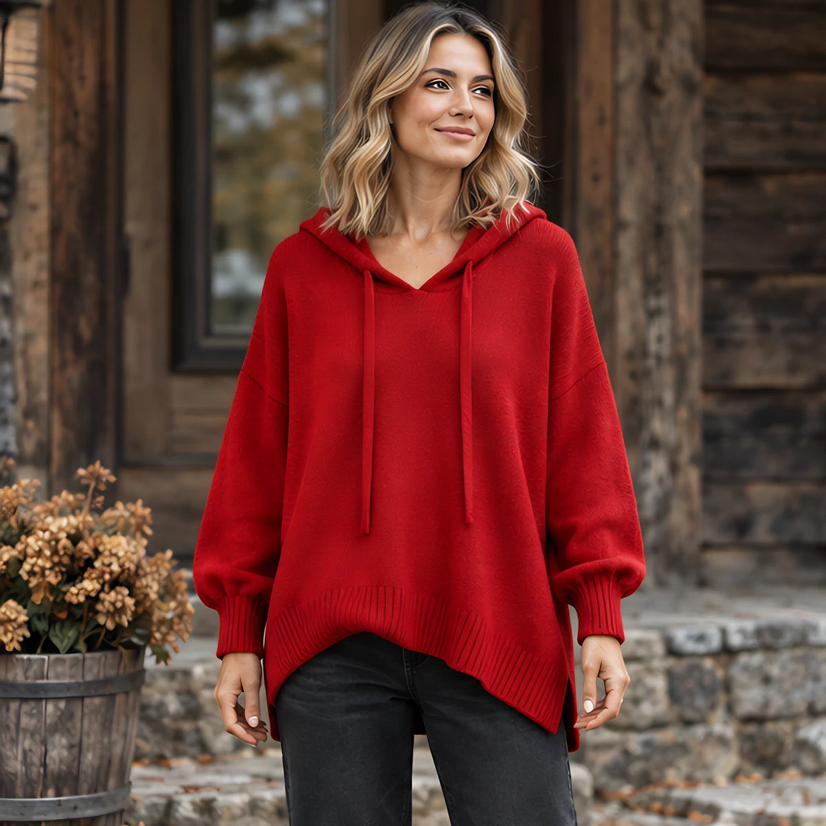 Ondine Women's Drawstring Hooded Knit Sweater - Red - Clothing > Sweater > Casual > Oversized > Hooded - Hendlys - Image 1