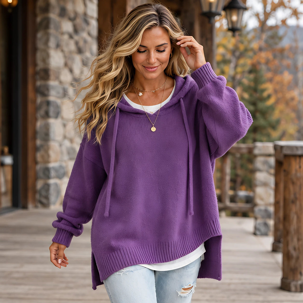 Ondine Women's Drawstring Hooded Knit Sweater - Purple - CLO - Hendlys - Image 2