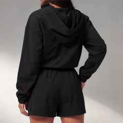 Paloma Cropped Hoodie Shorts Training Set - Black & Red - women's activewear - Hendlys - Image 2