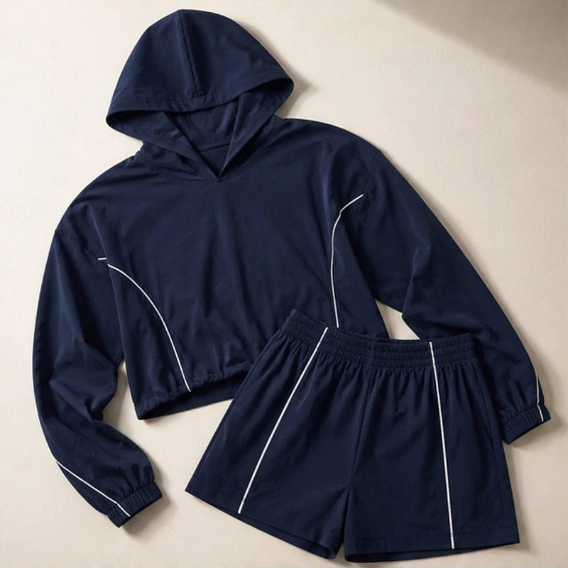 Paloma Cropped Hoodie Shorts Training Set - Navy Blue - two-piece set - Hendlys - Image 4