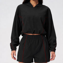 Paloma Cropped Hoodie Shorts Training Set - Black & Red - Outfit Set - Hendlys - Image 1