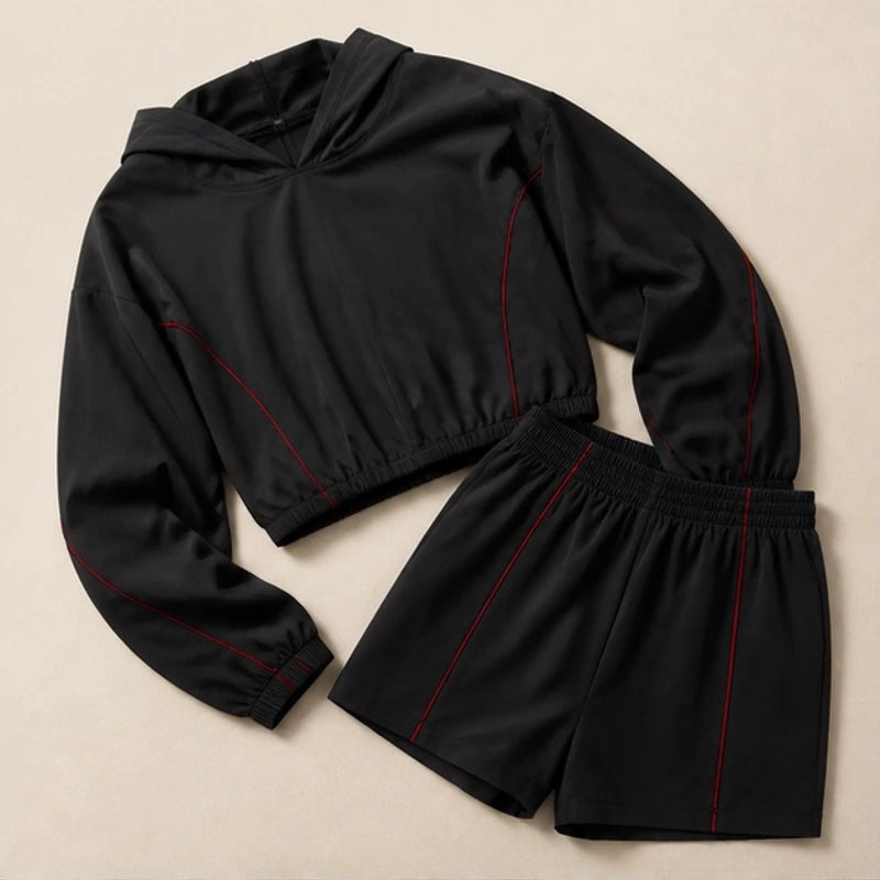 Paloma Cropped Hoodie Shorts Training Set - Black & Red - two-piece set - Hendlys - Image 4