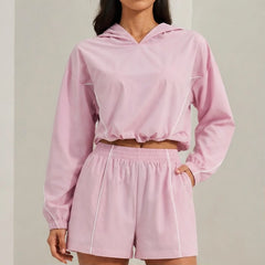 Paloma Cropped Hoodie Shorts Training Set - Pastel Pink - Outfit Set - Hendlys - Image 1