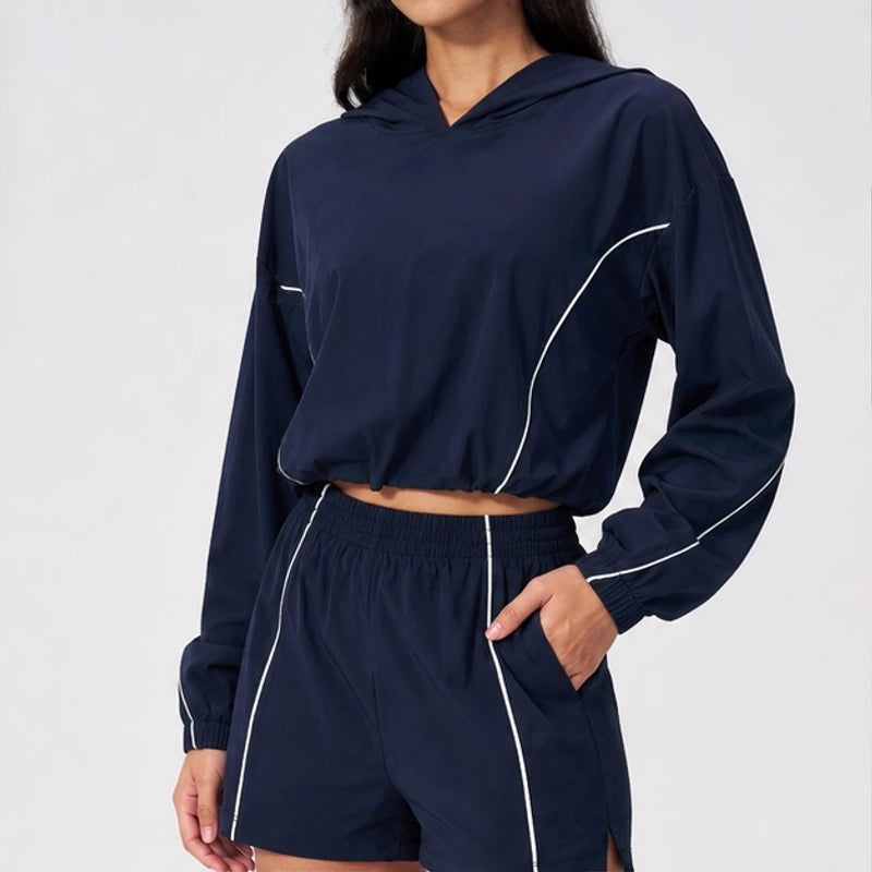 Paloma Cropped Hoodie Shorts Training Set - Navy Blue - Outfit Set - Hendlys - Image 1