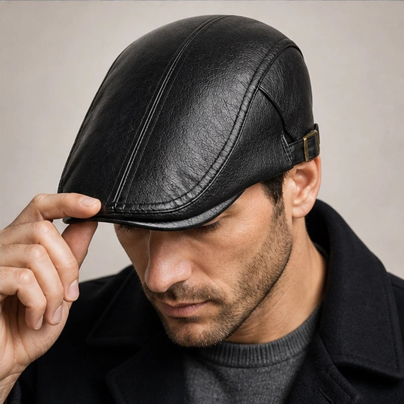 Pembroke Leather Snap-Brim Cap - Black - leather cap - Hendlys - Image 2