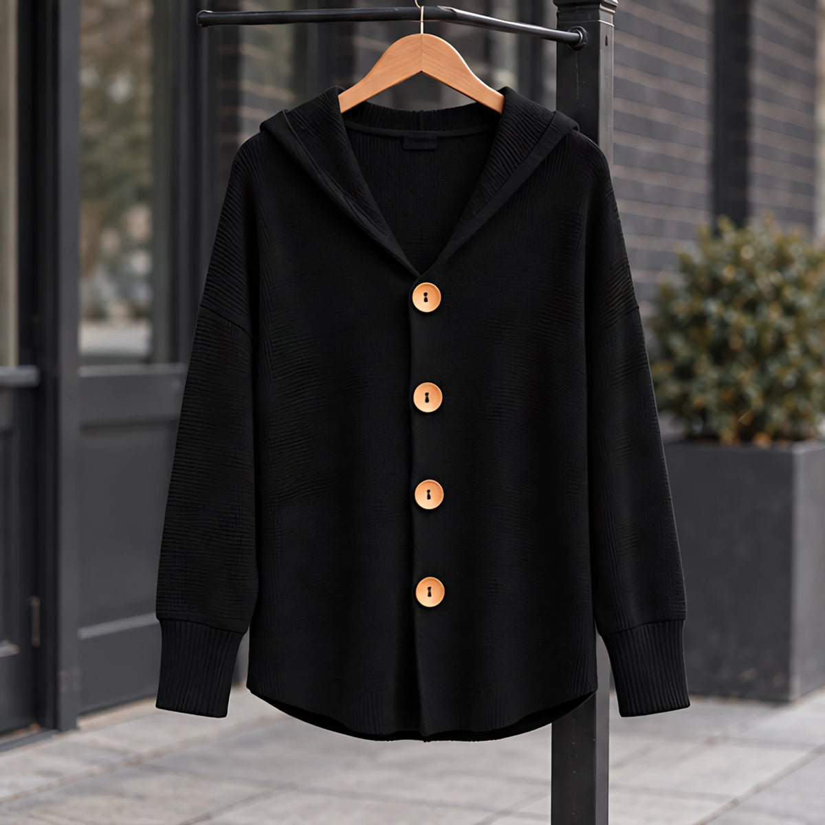 Phoebe Women's Waffle-Knit Hooded Cardigan - Black - CLO-TOP-KNIT - Hendlys - Image 3