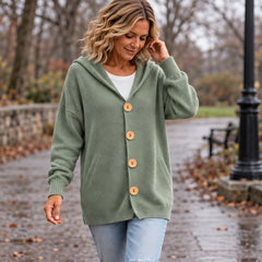 Phoebe Women's Waffle-Knit Hooded Cardigan - Green - Women's Clothing > Sweaters & Cardigans > Hooded Cardigans - Hendlys - Image 1