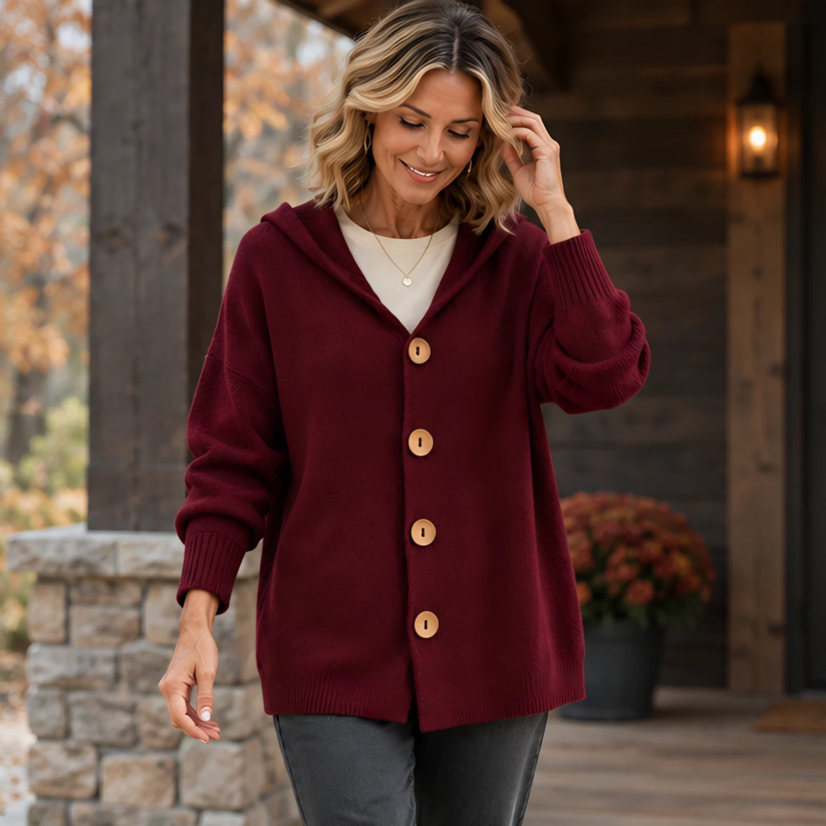 Phoebe Women's Waffle-Knit Hooded Cardigan - Burgundy - Women's Clothing > Sweaters & Cardigans > Hooded Cardigans - Hendlys - Image 1