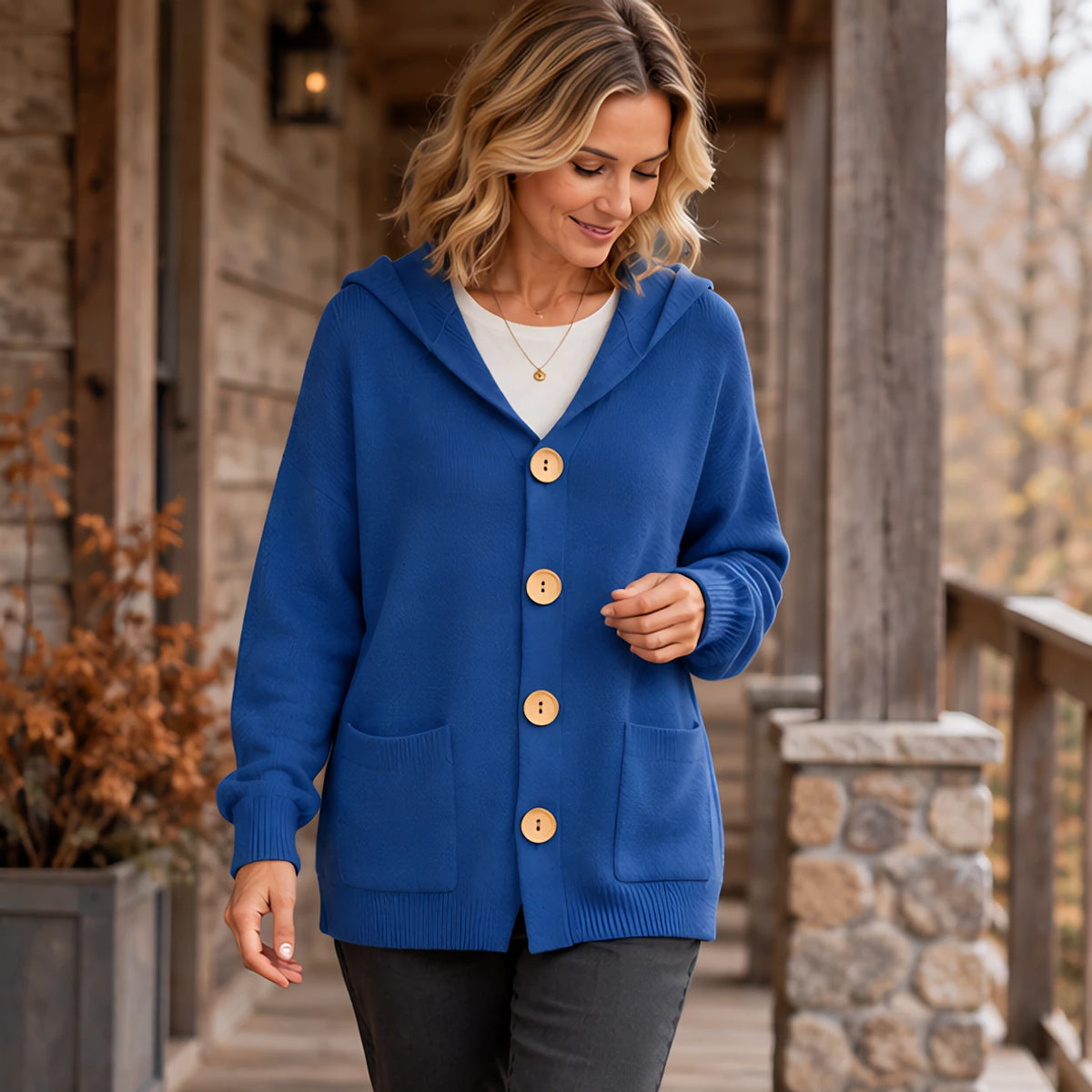 Phoebe Women's Waffle-Knit Hooded Cardigan - Blue - CLO - Hendlys - Image 2