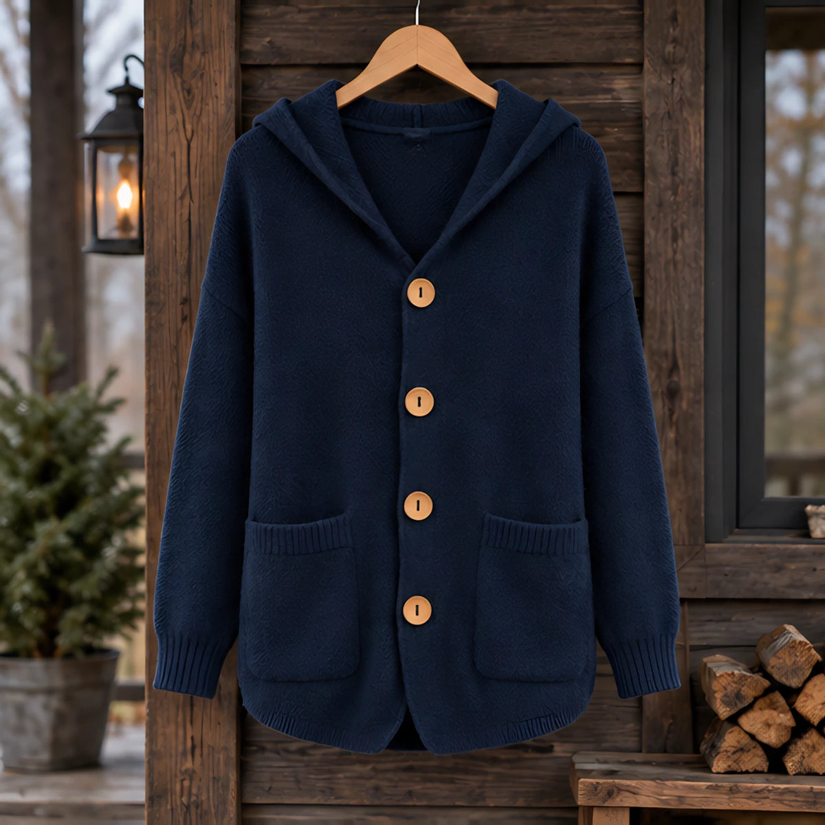 Phoebe Women's Waffle-Knit Hooded Cardigan - Navy Blue - CLO - Hendlys - Image 2