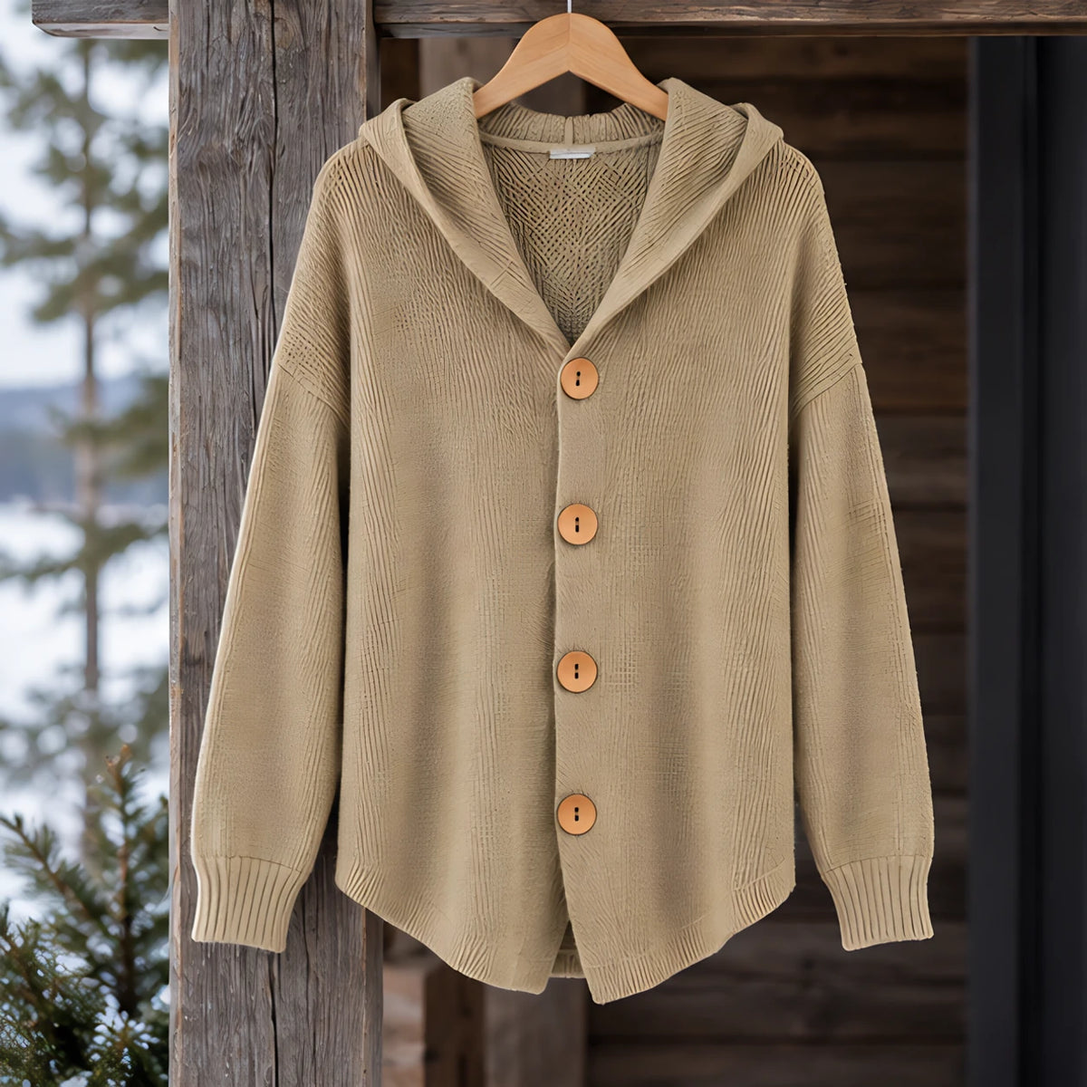 Phoebe Women's Waffle-Knit Hooded Cardigan - Khaki - CLO-TOP-KNIT - Hendlys - Image 3
