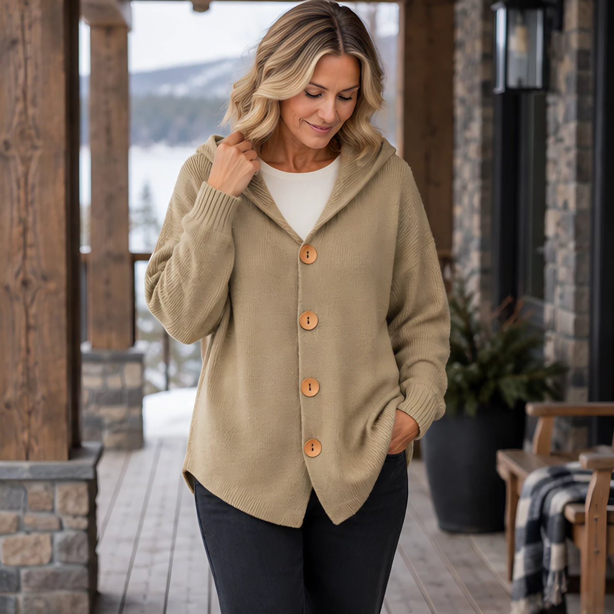 Phoebe Women's Waffle-Knit Hooded Cardigan - Khaki - CLO - Hendlys - Image 2