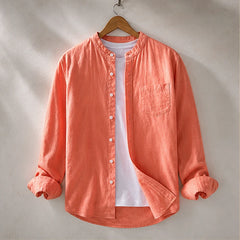 Amalfi Linen Mandarin Collar Shirt - Peach - Shirt - Hendlys - Image 1