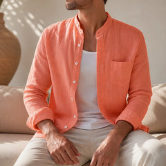Amalfi Linen Mandarin Collar Shirt - Peach - button-front - Hendlys - Image 5