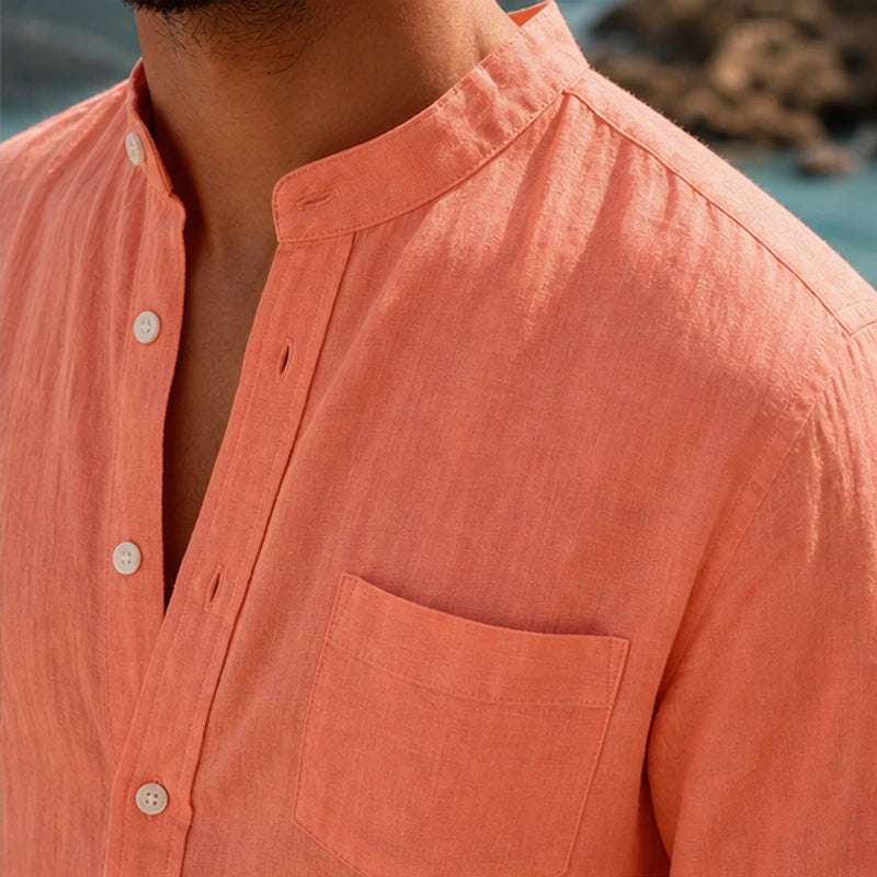 Amalfi Linen Mandarin Collar Shirt - Peach - lightweight - Hendlys - Image 6