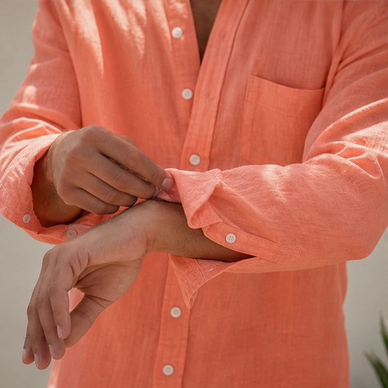 Amalfi Linen Mandarin Collar Shirt - Peach - spring shirt - Hendlys - Image 7