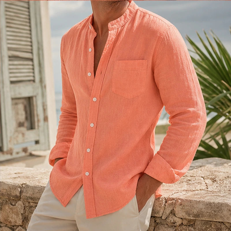 Amalfi Linen Mandarin Collar Shirt - Peach - summer layers - Hendlys - Image 8
