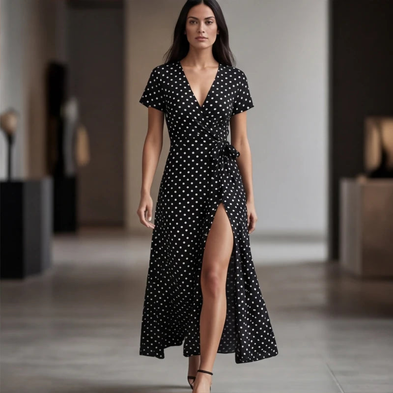 Santorini Maxi Polka Dot Dress - Black - women's dress - Hendlys - Image 1