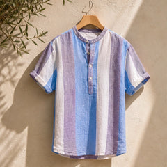 Santorina Striped Linen Henley Shirt - Purple - Shirt - Hendlys - Image 1