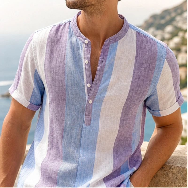 Santorina Striped Linen Henley Shirt - Purple - linen shirt - Hendlys - Image 4