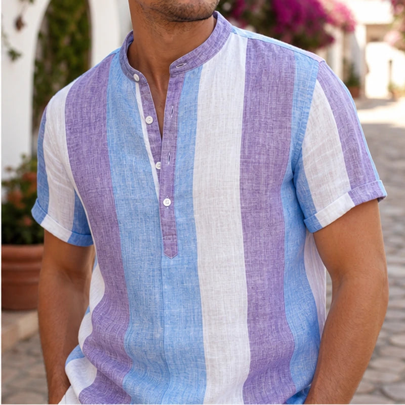 Santorina Striped Linen Henley Shirt - Purple - cotton linen - Hendlys - Image 5