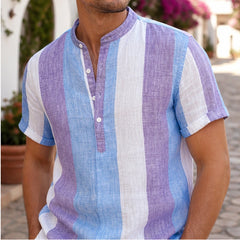 Santorina Striped Linen Henley Shirt - Purple - cotton linen - Hendlys - Image 5