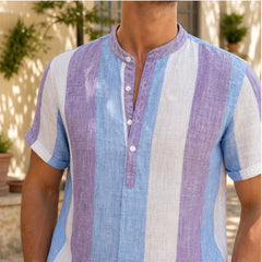 Santorina Striped Linen Henley Shirt - Purple - striped shirt - Hendlys - Image 6