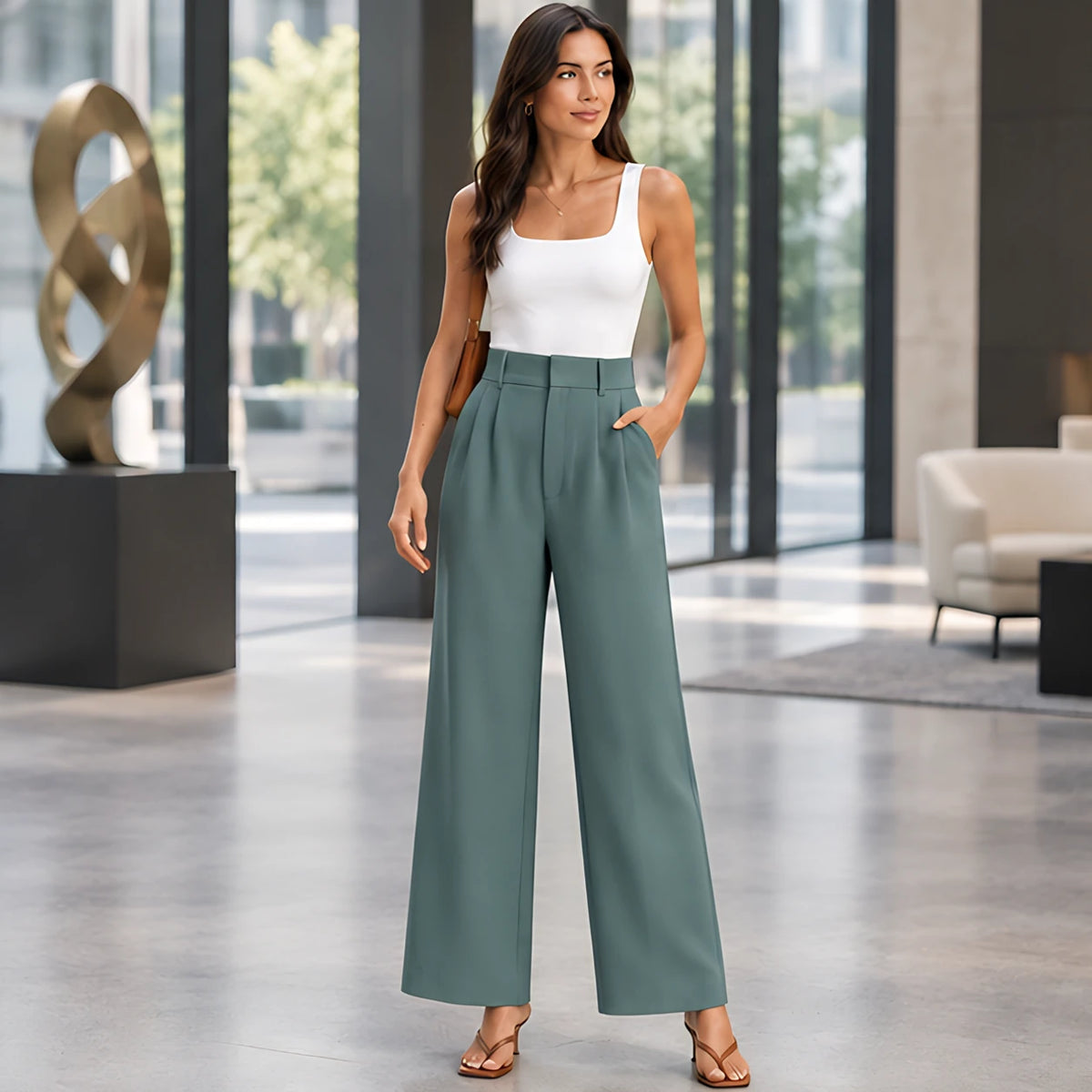 Romilly Women's High-Rise Tailored Wide-Leg Trousers - Green - Women's Clothing > Pants > Wide Leg Pants - Hendlys - Image 1