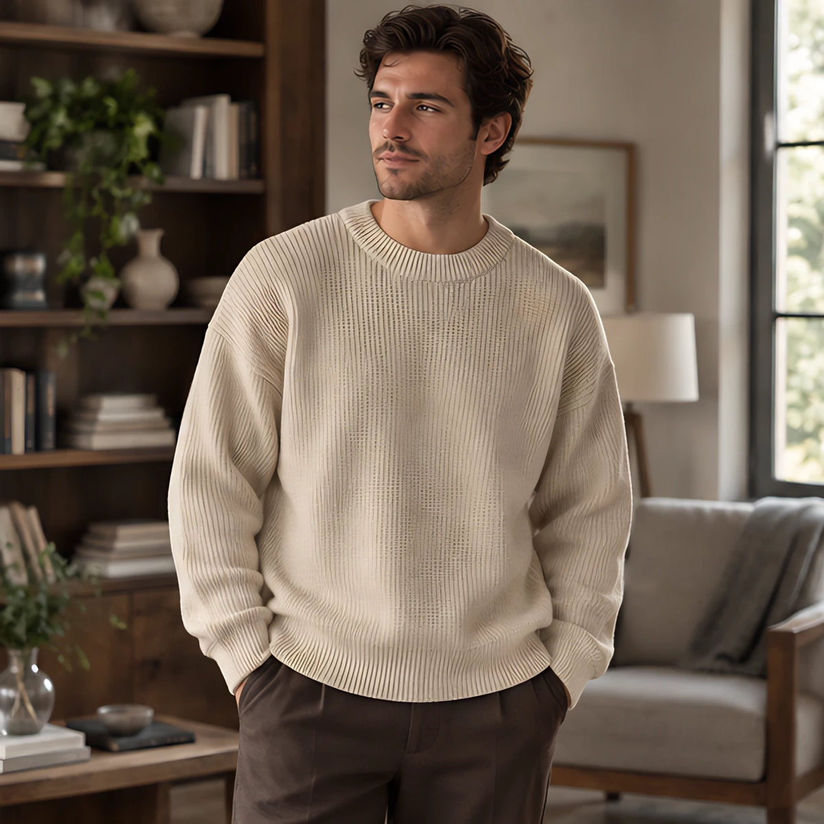Ronan Men's Rib-Knit Crewneck Sweater - Beige - Clothing > Tops > Crewneck Sweaters - Hendlys - Image 1