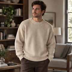 Ronan Men's Rib-Knit Crewneck Sweater - Beige - Clothing > Tops > Crewneck Sweaters - Hendlys - Image 1