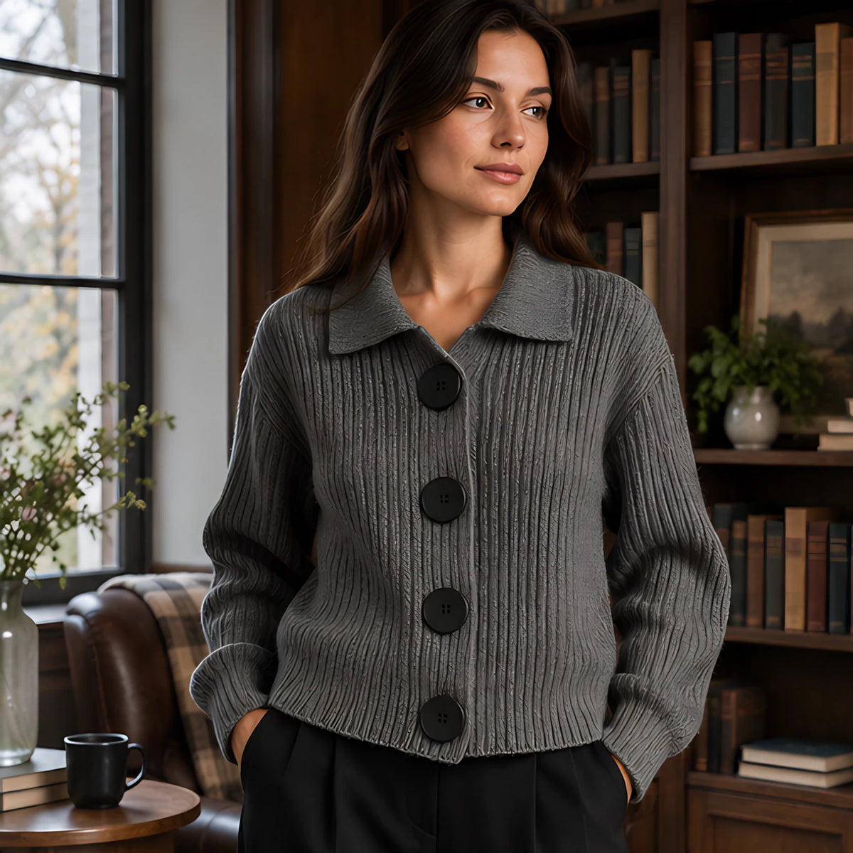 Samara Women's Wide-Collar Ribbed Cardigan - Gray - Women's Clothing > Sweaters & Cardigans > Cardigans - Hendlys - Image 1
