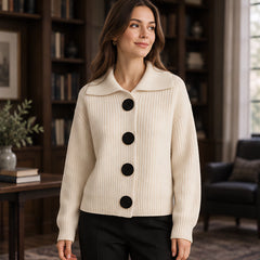 Samara Women's Wide-Collar Ribbed Cardigan - White - Women's Clothing > Sweaters & Cardigans > Cardigans - Hendlys - Image 1