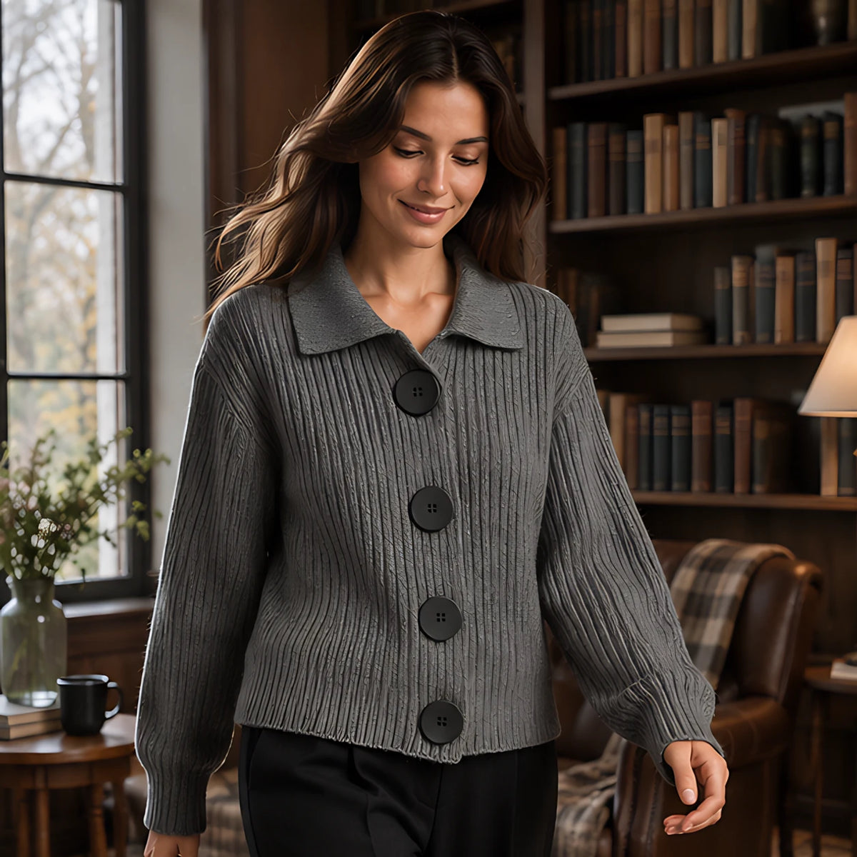 Samara Women's Wide-Collar Ribbed Cardigan - Gray - AW - Womens - Cardigans - Hendlys - Image 2