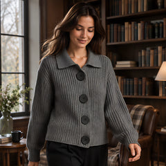 Samara Women's Wide-Collar Ribbed Cardigan - Gray - AW - Womens - Cardigans - Hendlys - Image 2