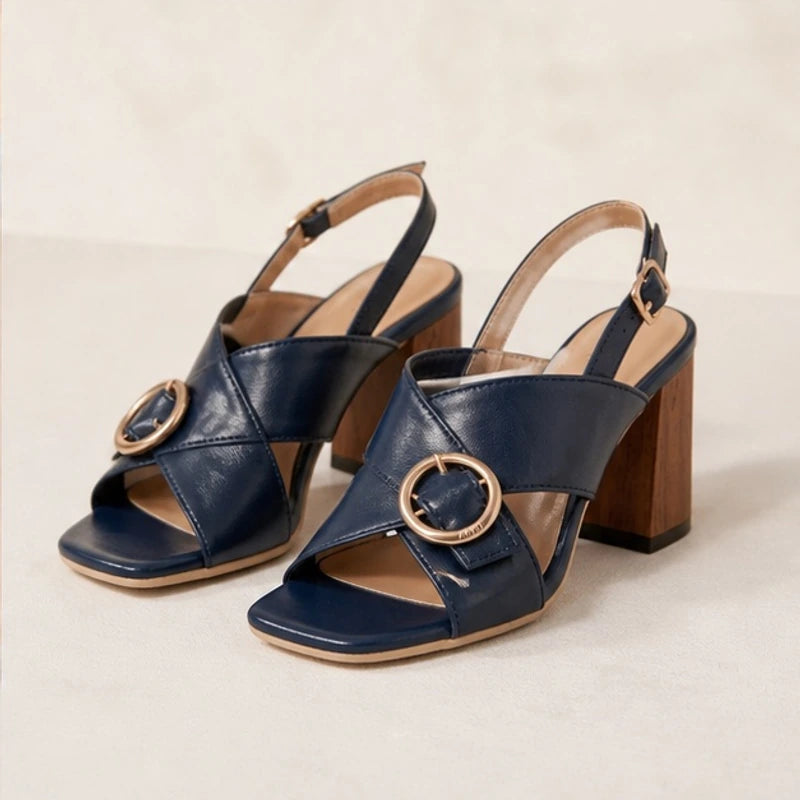 Savelle Ring Buckle Slingback Heels - Navy - block heels - Hendlys - Image 4