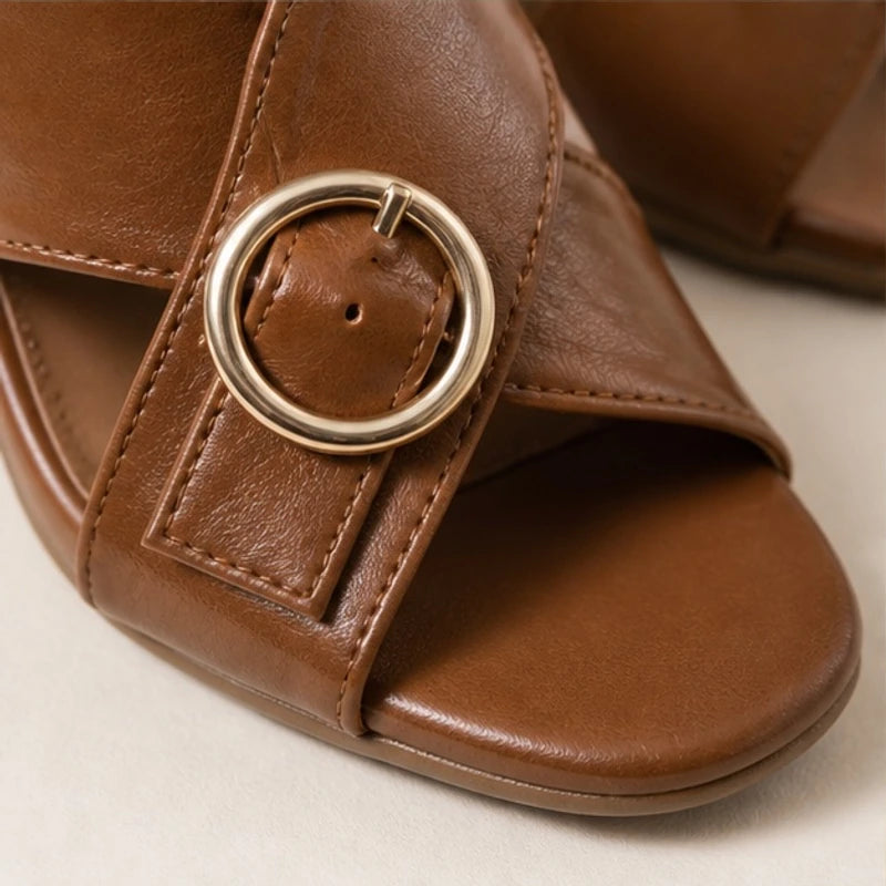 Savelle Ring Buckle Slingback Heels - Brown - block heels - Hendlys - Image 4