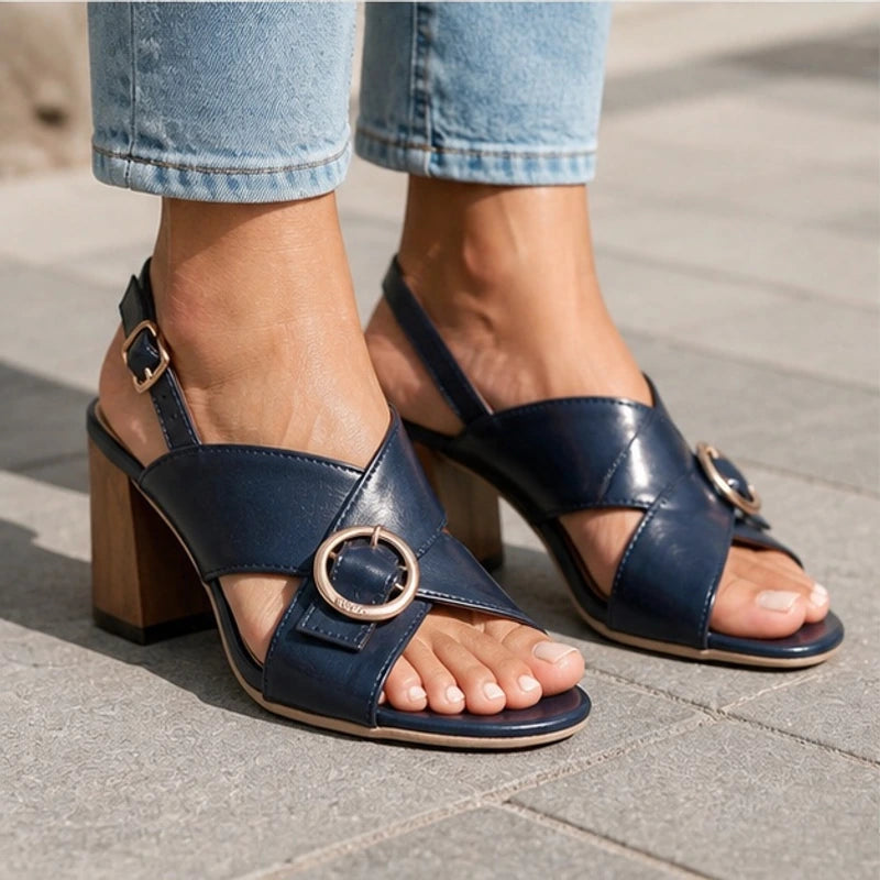 Savelle Ring Buckle Slingback Heels - Navy - Shoes - Hendlys - Image 1