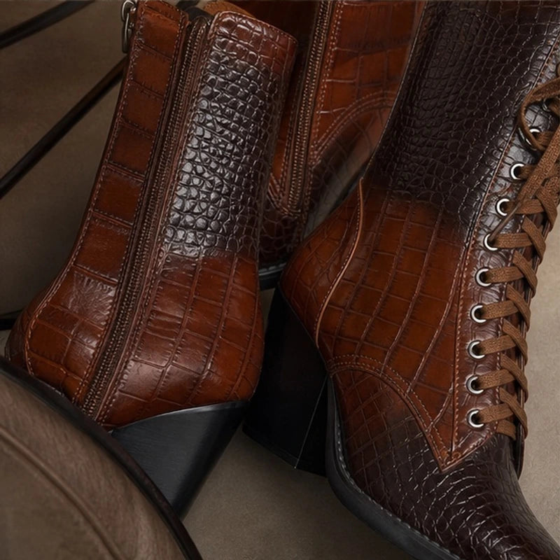 Selma Croc-Embossed Lace-Up Boots - Brown - lace-up boots - Hendlys - Image 4